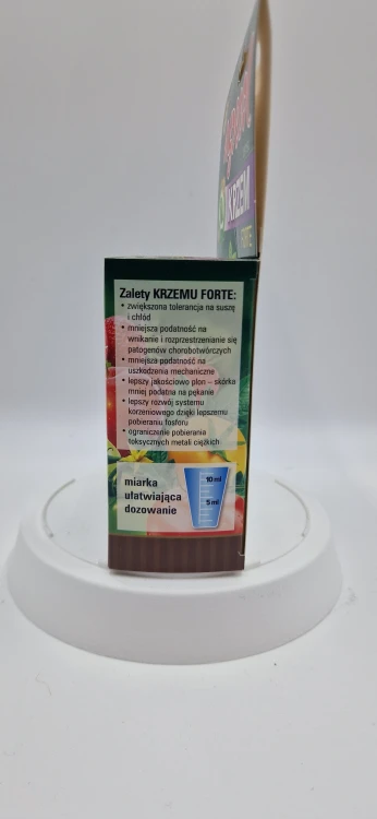 Krzem Forte Bok (20260121_113926.jpg): Zalety preparatu Krzem Forte i miarka dozująca widoczne na boku opakowania.