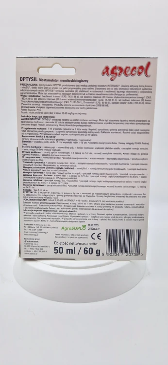 Optysil Tył (20260121_113940.jpg): Instrukcja stosowania biostymulatora Optysil i dawkowanie dolistne na odwrocie blistra.