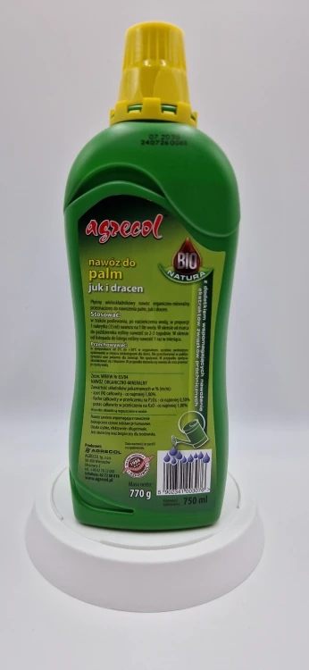 Tył (20260120_141801.jpg): Dawkowanie organiczno-mineralnego nawozu do palm na odwrocie.