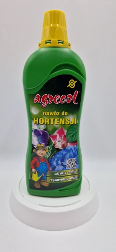Przód – Hortensja Zielona butelka nawozu Agrecol do hortensji z grafiką kolorowych kwiatostanów.