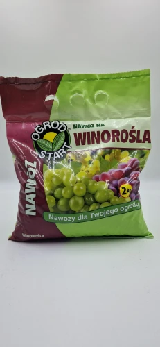 Przód (20260121_120129.jpg): Granulowany nawóz na winorośla Ogród Start 2 kg zapewniający dorodne i smaczne winogrona.