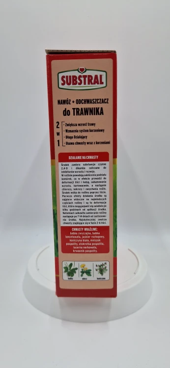 Lista chwastów wrażliwych i korzyści stosowania nawozu 2w1 na boku pudełka.