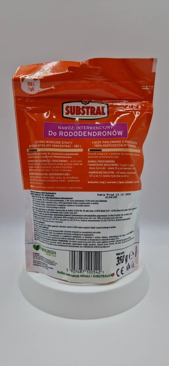 Tył: Zalecenia dotyczące nawożenia dolistnego i doglebowego rododendronów wraz ze składem produktu.