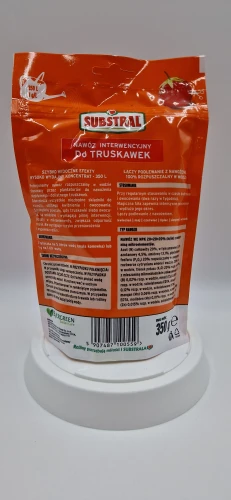 Tył: Instrukcja stosowania nawozu do truskawek ze szczegółowym składem chemicznym i kodem kreskowym.