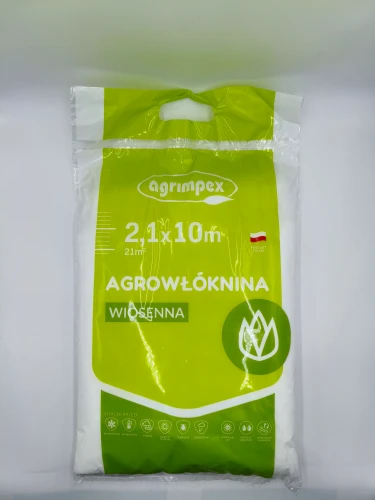 Opakowanie agrowłókniny 2,1x10m wskazuje na dużą powierzchnię krycia wynoszącą 21m2.
