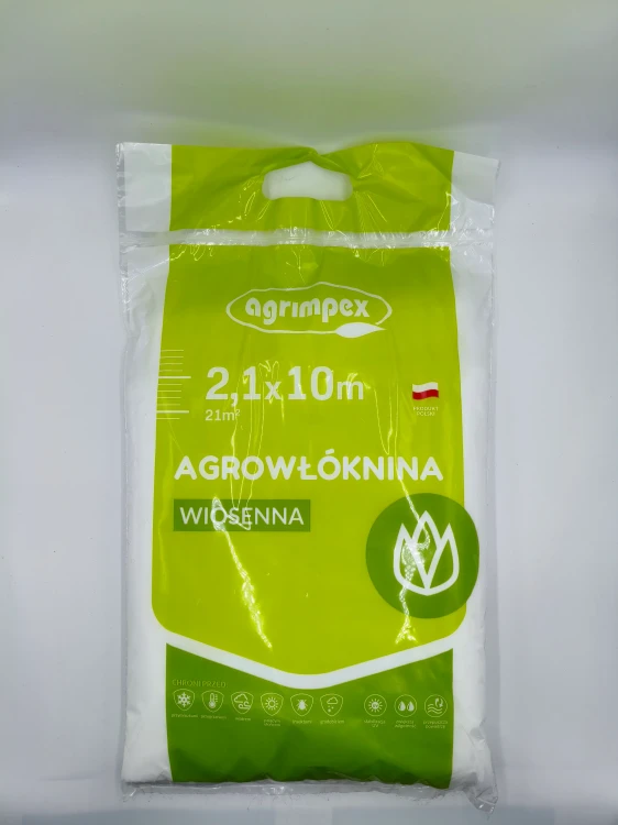 Opakowanie agrowłókniny 2,1x10m wskazuje na dużą powierzchnię krycia wynoszącą 21m2.