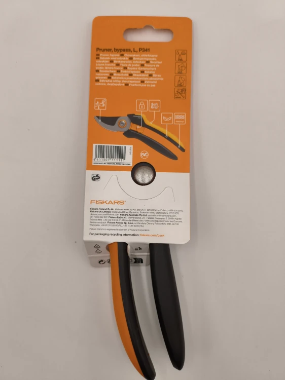 Tył opakowania sekatora P341 L prezentuje lekką konstrukcję FiberComp i rączki SoftGrip.