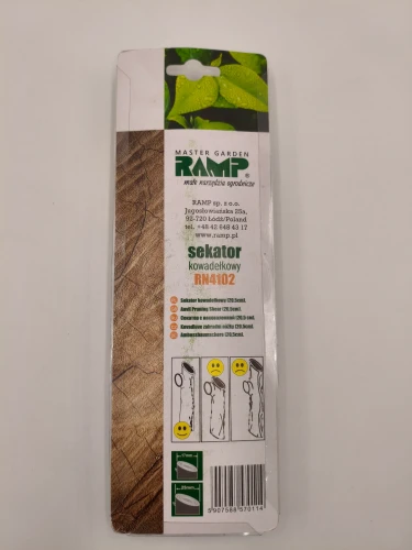 Tył opakowania sekatora RAMP prezentuje instrukcję cięcia do 25 mm.