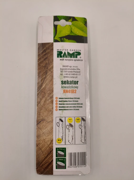 Tył opakowania sekatora RAMP prezentuje instrukcję cięcia do 25 mm.