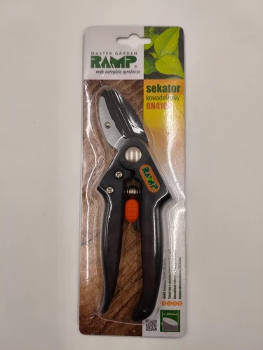 Czarny sekator kowadełkowy RAMP RN4108 w opakowaniu tnie gałęzie do 22 mm.