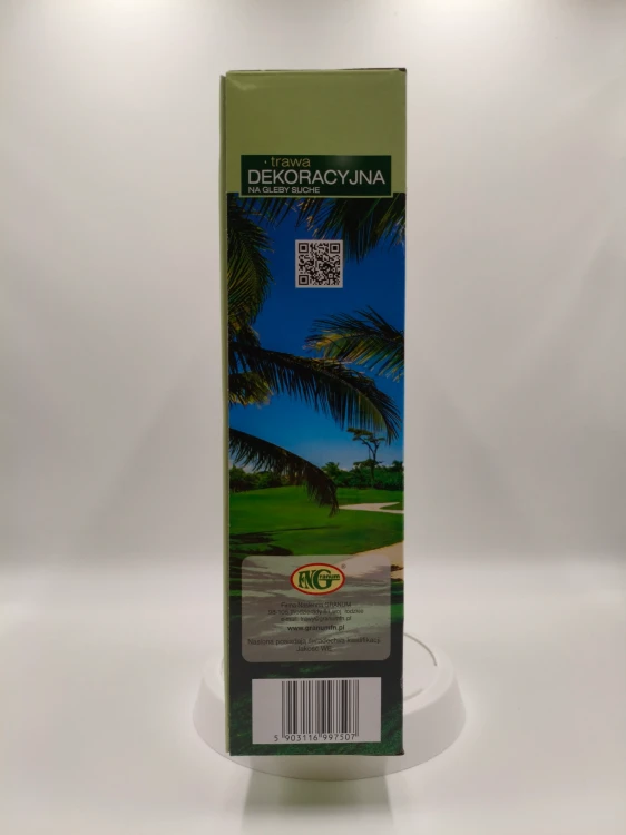 Kod QR na opakowaniu kieruje do szczegółowych informacji o trawie dekoracyjnej.