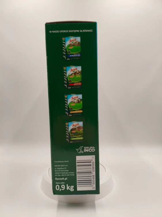 Bok opakowania pokazuje inne dostępne rodzaje mieszanek traw Florovit.