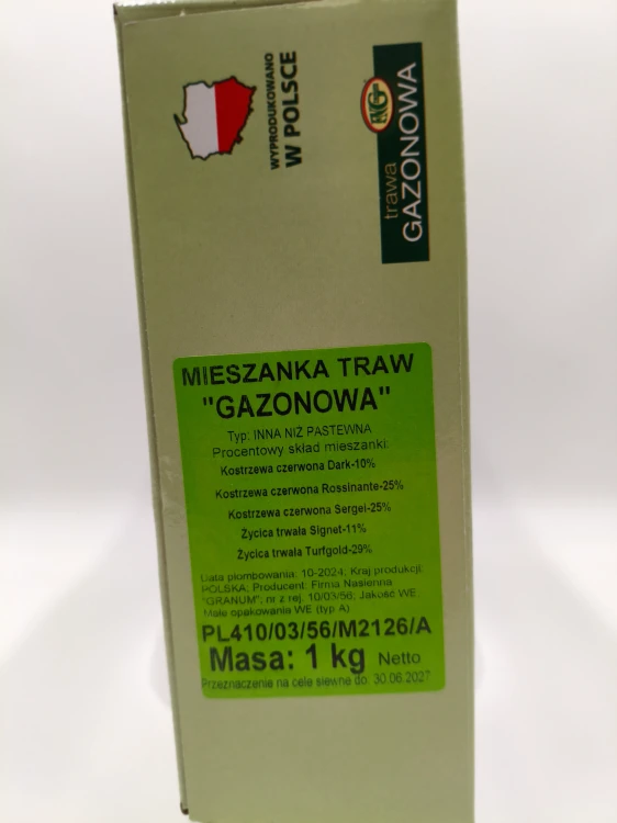 Etykieta boczna przedstawia skład trawy gazonowej z przewagą kostrzewy czerwonej.