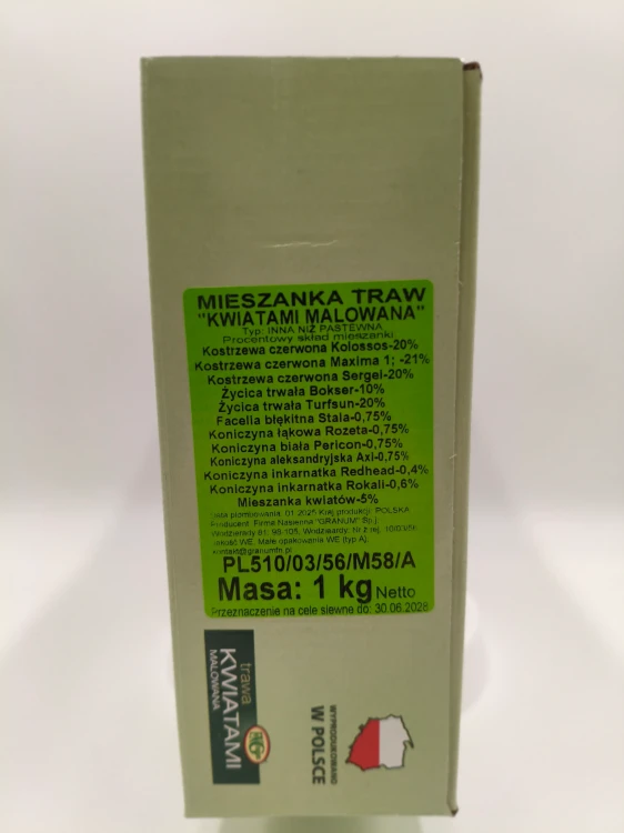 Etykieta boczna wymienia gatunki traw i kwiatów w mieszance łąkowej.