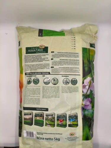 Tył worka 5kg zawiera instrukcję wysiewu i pielęgnacji łąki kwietnej.