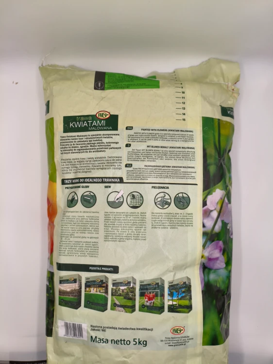 Tył worka 5kg zawiera instrukcję wysiewu i pielęgnacji łąki kwietnej.