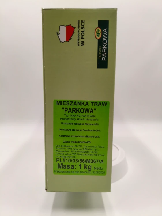 Etykieta boczna prezentuje skład trawy parkowej z kostrzewą czerwoną i szczeciniastą.