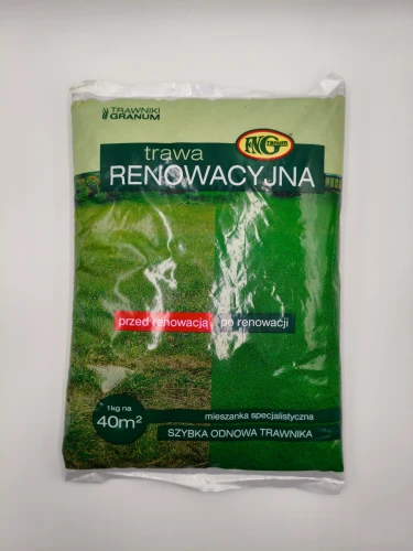 Worek 1kg trawy Renowacyjnej Granum pokazuje efekt przed i po regeneracji.