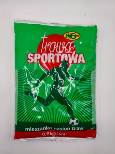 Czerwony worek trawy Sportowej Granum z sylwetką piłkarza.