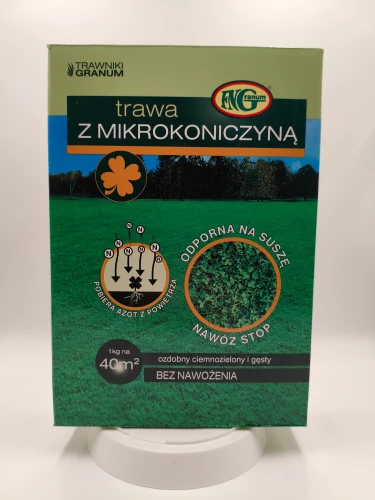 Pudełko trawy z Mikrokoniczyną Granum informuje o braku konieczności nawożenia.