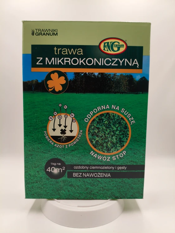 Pudełko trawy z Mikrokoniczyną Granum informuje o braku konieczności nawożenia.