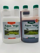 Dwie butelki nawozu CANNA Aqua Vega A i B stoją obok siebie.