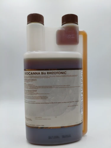 Tył opakowania BIOCANNA Bio RHIZOTONIC zawiera proporcje dawkowania i ogólne informacje o produkcie.