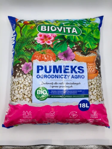 Front dużego worka 18L pumeksu ogrodniczego BIOVITA z grafiką bujnych roślin domowych.