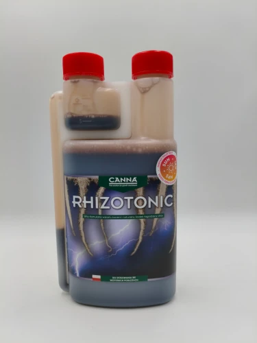 Front butelki stymulatora korzeni CANNA RHIZOTONIC prezentuje grafikę silnych korzeni na tle burzowego nieba.