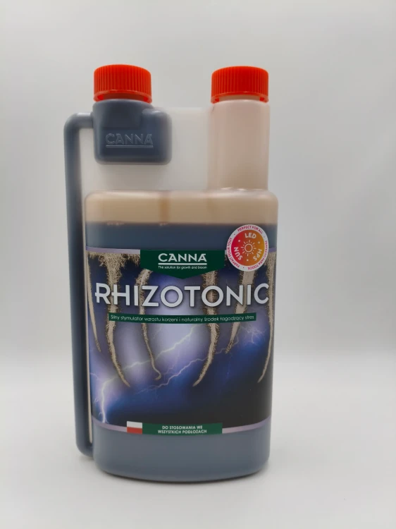 Front butelki 1L stymulatora CANNA RHIZOTONIC prezentuje grafikę silnych korzeni.