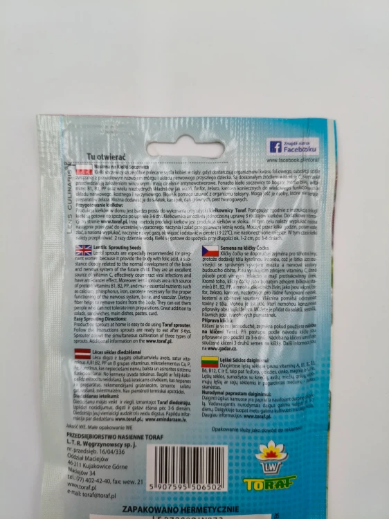 Tył opakowania nasion soczewicy opisujący bogactwo kwasu foliowego i witamin.
