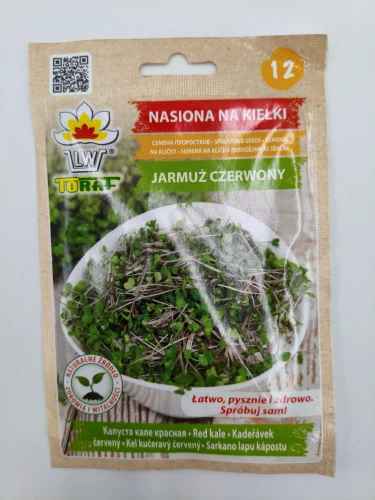 Przednia strona opakowania nasion jarmużu czerwonego na kiełki marki Toraf z apetyczną porcją zieleniny.