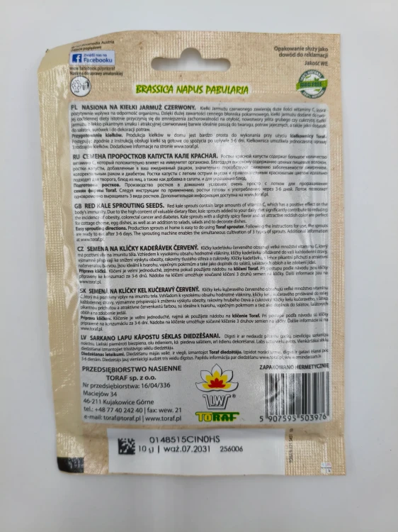 Odwrót torebki nasion jarmużu czerwonego 10g prezentuje zalety zdrowotne i proste instrukcje wysiewu.