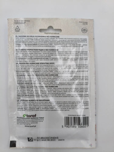 Tył torebki nasion rzodkiewki Red Hurricane 10g opisuje korzystny wpływ na skórę i włosy.