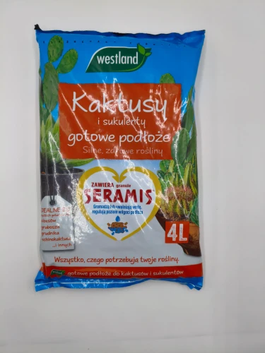 Front 4-litrowego worka podłoża do kaktusów i sukulentów Westland informuje o obecności regulujących wilgoć granul SERAMIS.