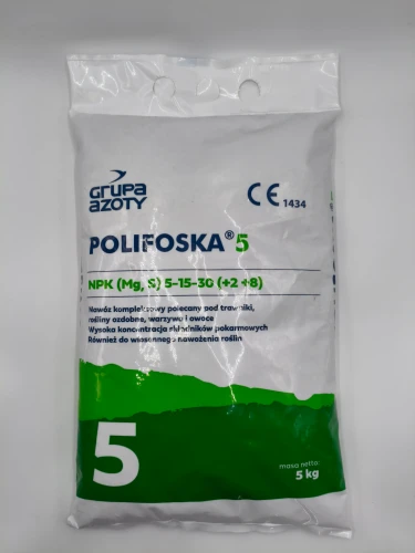 Przednia strona worka 5 kg nawozu kompleksowego POLIFOSKA 5 z informacją o wysokiej koncentracji składników.