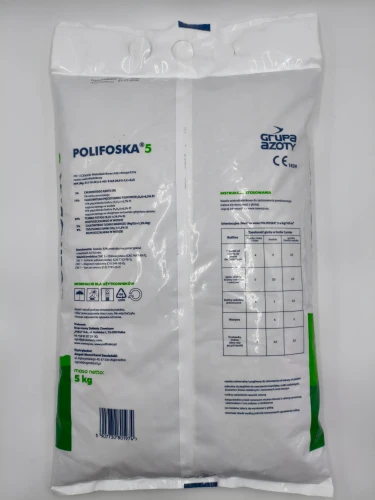 Odwrót opakowania 5 kg POLIFOSKA 5 z instrukcją bezpiecznego stosowania.