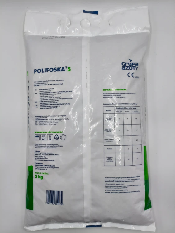 Odwrót opakowania 5 kg POLIFOSKA 5 z instrukcją bezpiecznego stosowania.