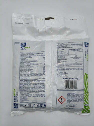 Tył worka 2 kg nawozu YaraMila COMPLEX zawierający szczegółowy skład NPK i tabelę dawkowania.