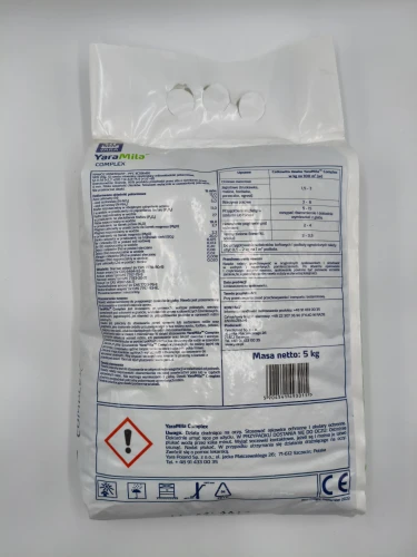 Odwrót opakowania 5 kg YaraMila COMPLEX z ostrzeżeniami BHP i dawkami dla warzyw i trawników.