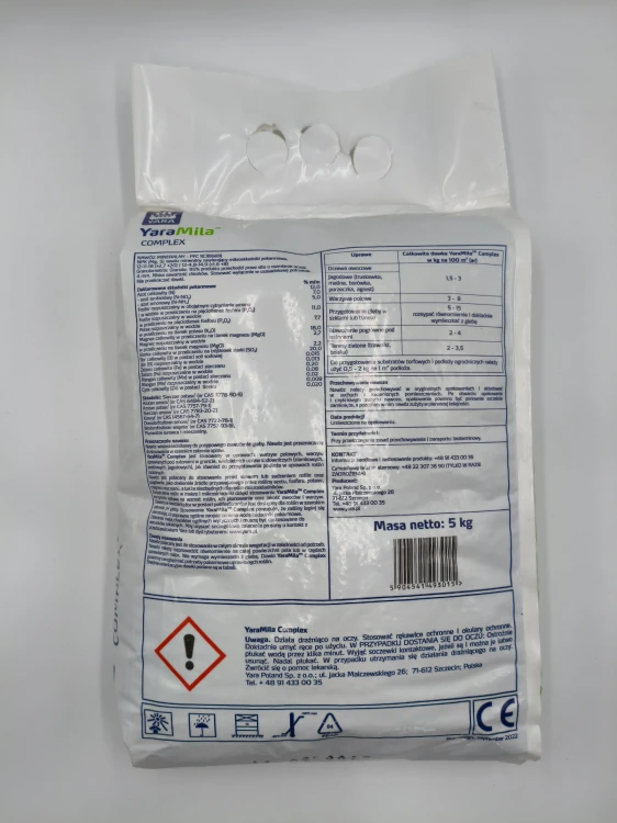 Odwrót opakowania 5 kg YaraMila COMPLEX z ostrzeżeniami BHP i dawkami dla warzyw i trawników.