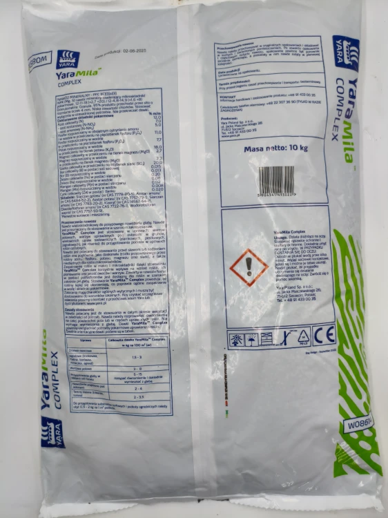 Tylna etykieta worka 10 kg nawozu YaraMila COMPLEX opisująca zasady stosowania i bogaty skład.