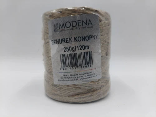 Zafoliowana rolka naturalnego, biodegradowalnego sznurka konopnego marki MODENA o gramaturze 250 g i długości około 120 metrów.