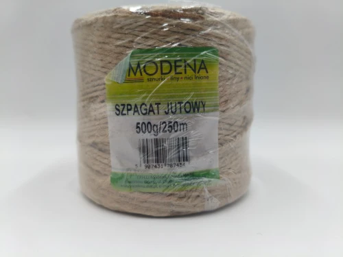 Duża rolka ekologicznego szpagatu jutowego marki MODENA (500 g, ~250 m) przeznaczonego do delikatnego podwiązywania roślin.