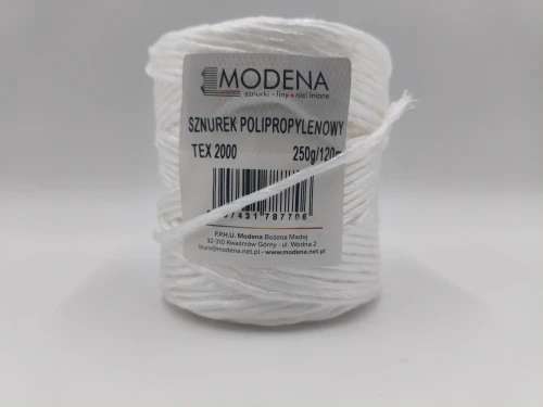 Rolka białego sznurka syntetycznego z polipropylenu MODENA TEX 2000 (250 g, ~120 m) o wysokiej odporności na zrywanie i promienie UV.