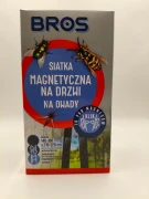 Front opakowania czarnej siatki magnetycznej BROS chroniącej przed muchami, komarami i osami, z systemem automatycznego zamykania.