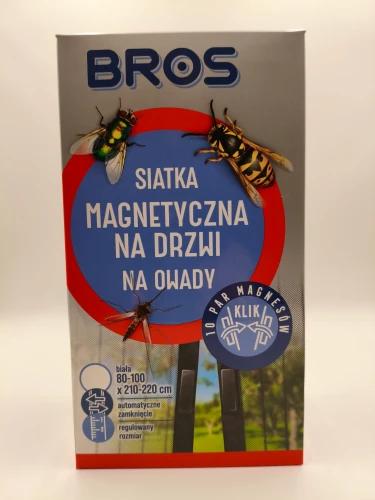 Front opakowania białej siatki magnetycznej BROS skutecznie chroniącej przed muchami, komarami i osami, z magnetycznym systemem automatycznego zamykania.
