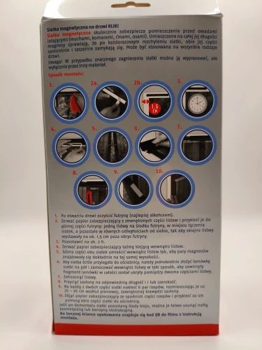 Tył opakowania białej siatki magnetycznej BROS zawierający szczegółowy opis zasady działania i 10-krokową, obrazkową instrukcję instalacji.