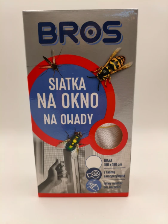 Front opakowania białej siatki na okno BROS o wymiarach 150x180 cm, chroniącej przed owadami, z widocznym napisem "łatwy montaż bez narzędzi".