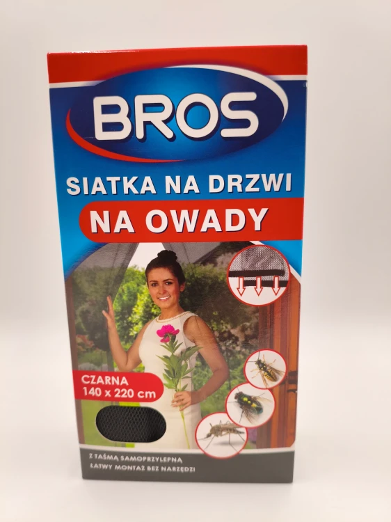 Front opakowania czarnej siatki na drzwi BROS (140x220 cm) chroniącej przed owadami, z widoczną informacją o łatwym montażu bez narzędzi.